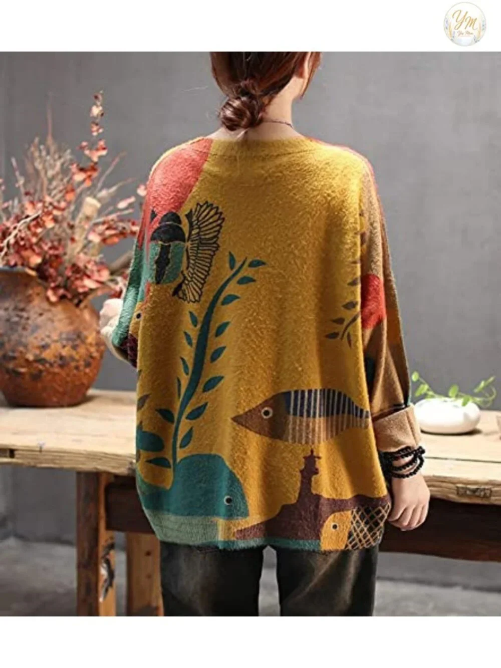 Oversized Graphic Print Cat Pullover Sweater | Cotton Wool Knit | Loose Fit